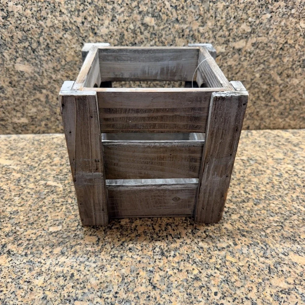 Rustic Brown Wood Square Decorative Storage Box SM Crate Planter Holder Cottage